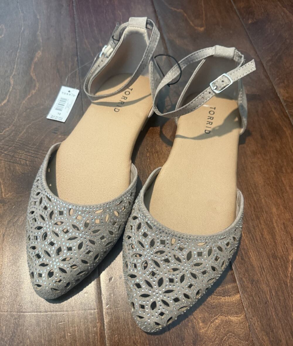 Torrid Taupe Rhinestone D’Orsay Flats Womens 10 WW Extra Wide NWT Glam